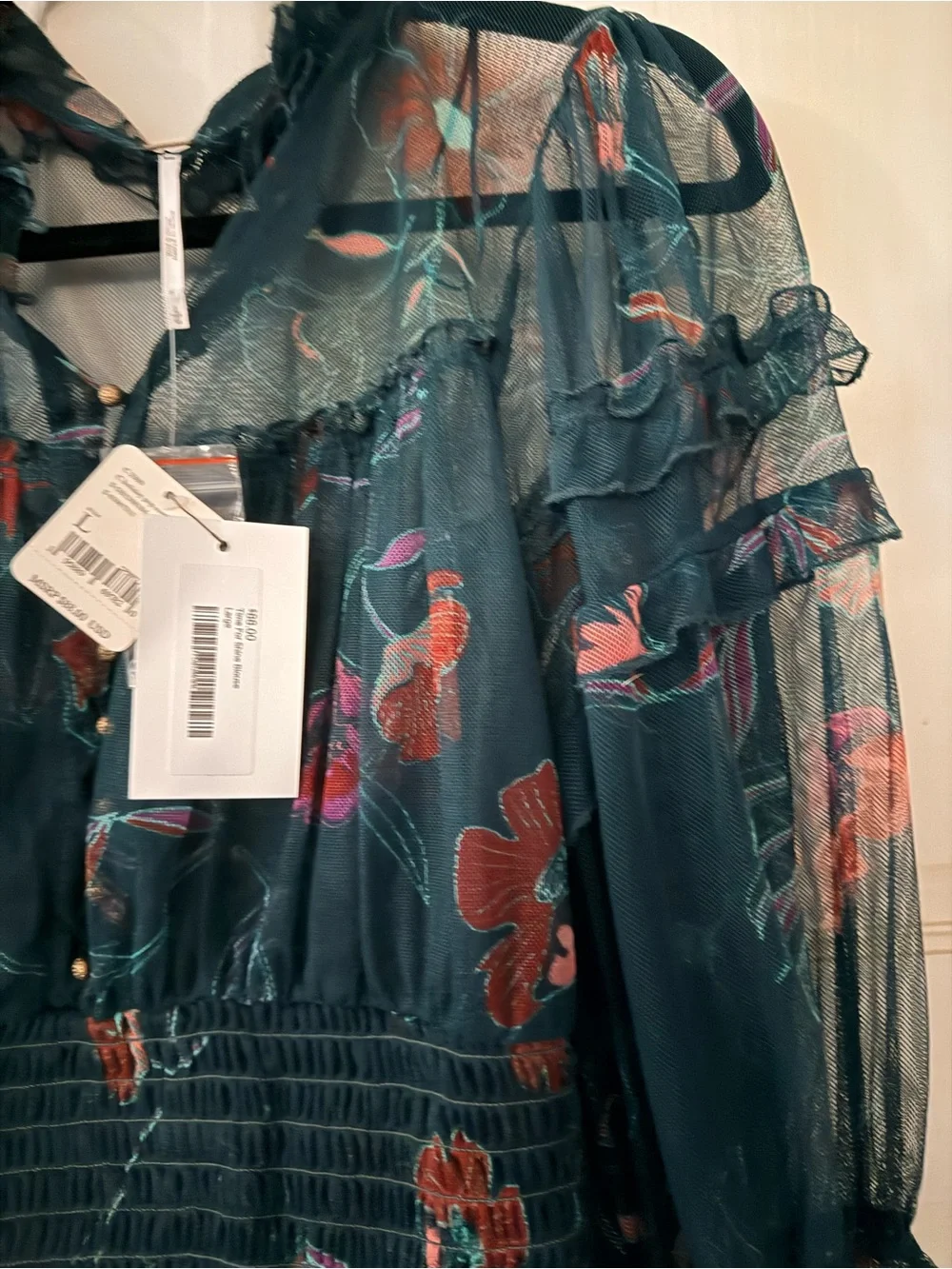 Free People Sheer Floral Dark Teal Long-Sleeve Blouse